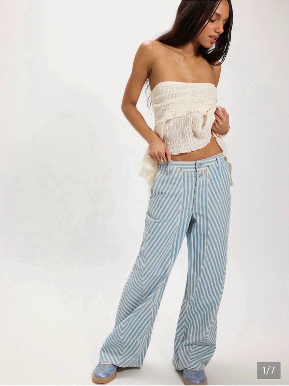 Free People Blue & White Vertical-Stripe Wide-Leg Pants